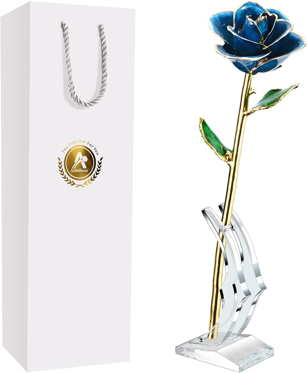 Gold Dipped Rose, 24K Gold Rose Made from Real Rose - Unique Design Gold Plated Rose for Anniversary Valentines Mothers Day Birthday Gifts (Blue Rose with Stand)