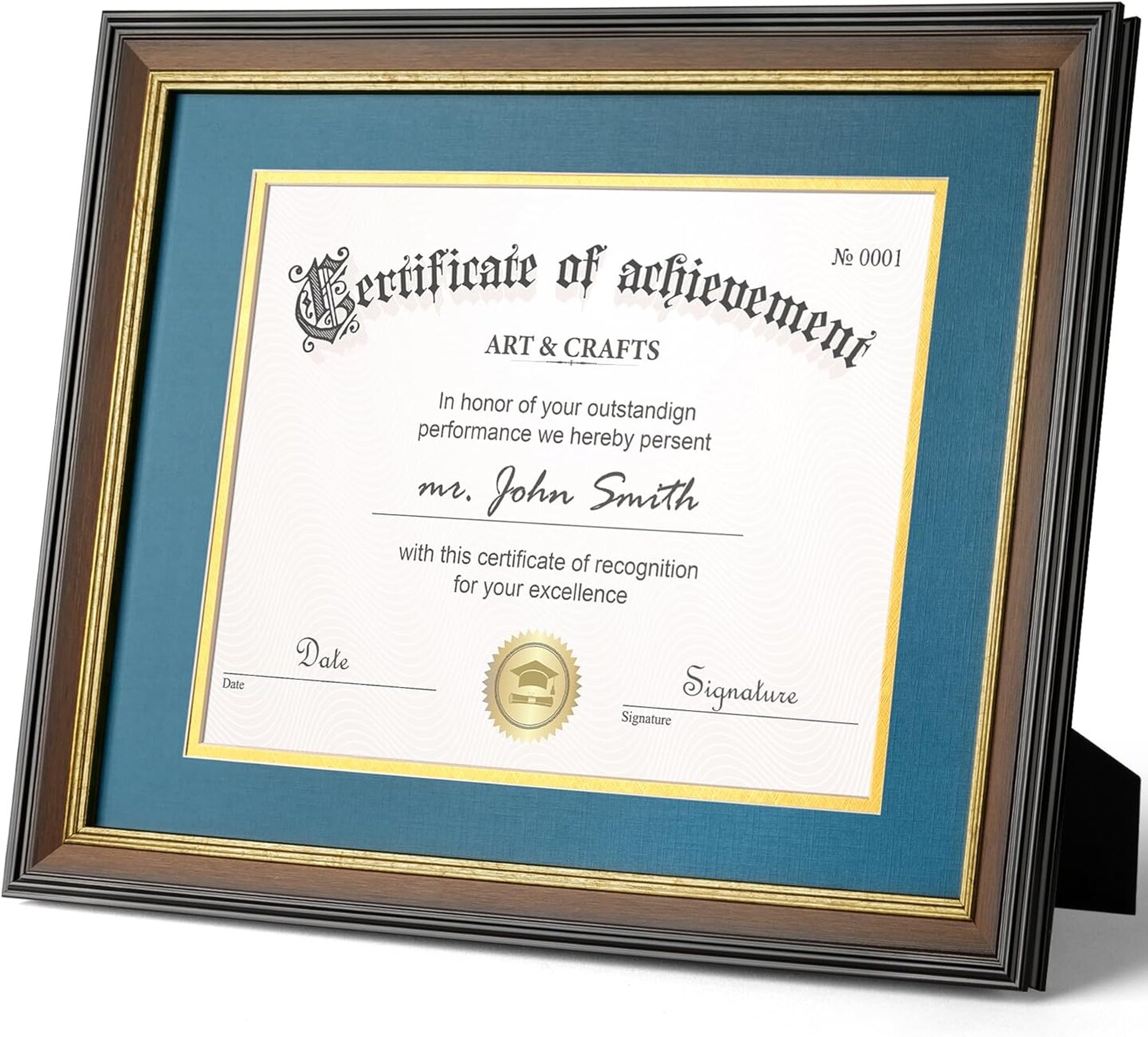 11x14 Diploma Frame with Mat for 8.5x11 Certificate, Document Frame with Navy Over Gold Acid-free Mats &#x26; Tempered Glass, Tabletop or Wall Mount, 2 Pack, Walnut/Blue