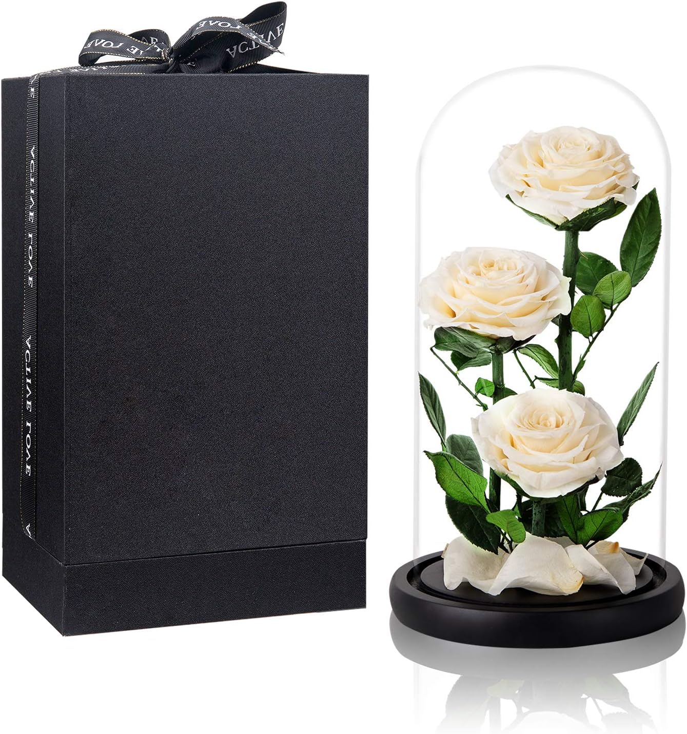 White Roses Handmade Preserved Real Rose in Glass Dome, Long Lasting Roses Never Withered, Birthday Gifts for Women (13 inch)