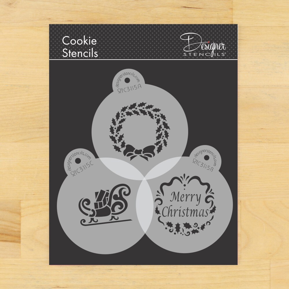 Holiday Christmas Greetings Cookie Stencils | C385 by Designer Stencils | Cookie Decorating Tools | Baking Stencils for Royal Icing, Airbrush, Dusting Powder | Reusable Plastic Food Grade Stencil for Cookies | Easy to Use &#x26; Clean Cookie Stencil