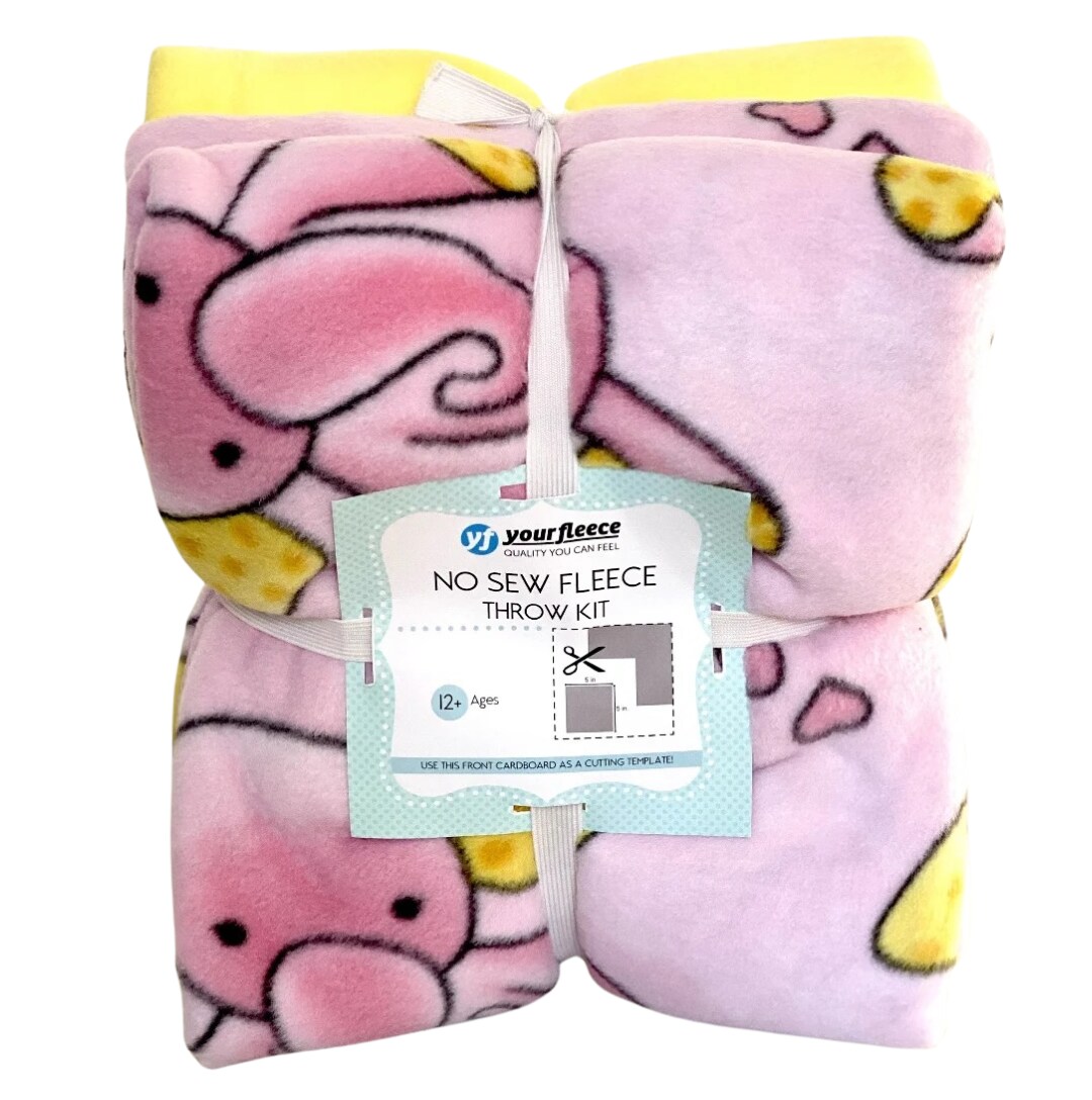 Elephants Pink Anti-Pill Premium No-Sew Throw Fleece Fabric Kit (50x60)