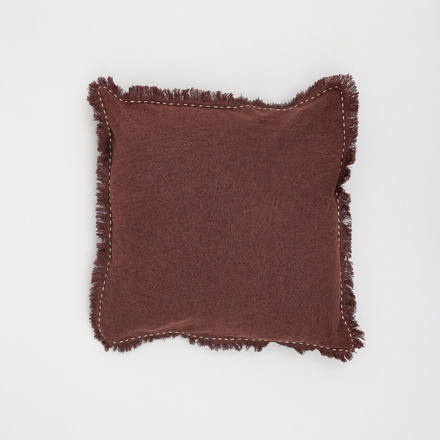 Stonewashed Linen Throw Pillow with Handworked Edges &#x26; Fringe - 22&#x22; x 22&#x22;