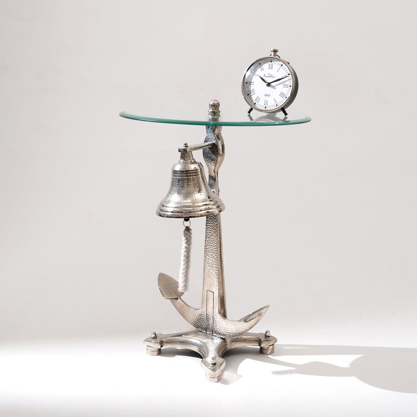 Decorative Nickel Finished Aluminum Classic Bell Accent Table with Glass Top – 18x18x24"| Unique Side Table