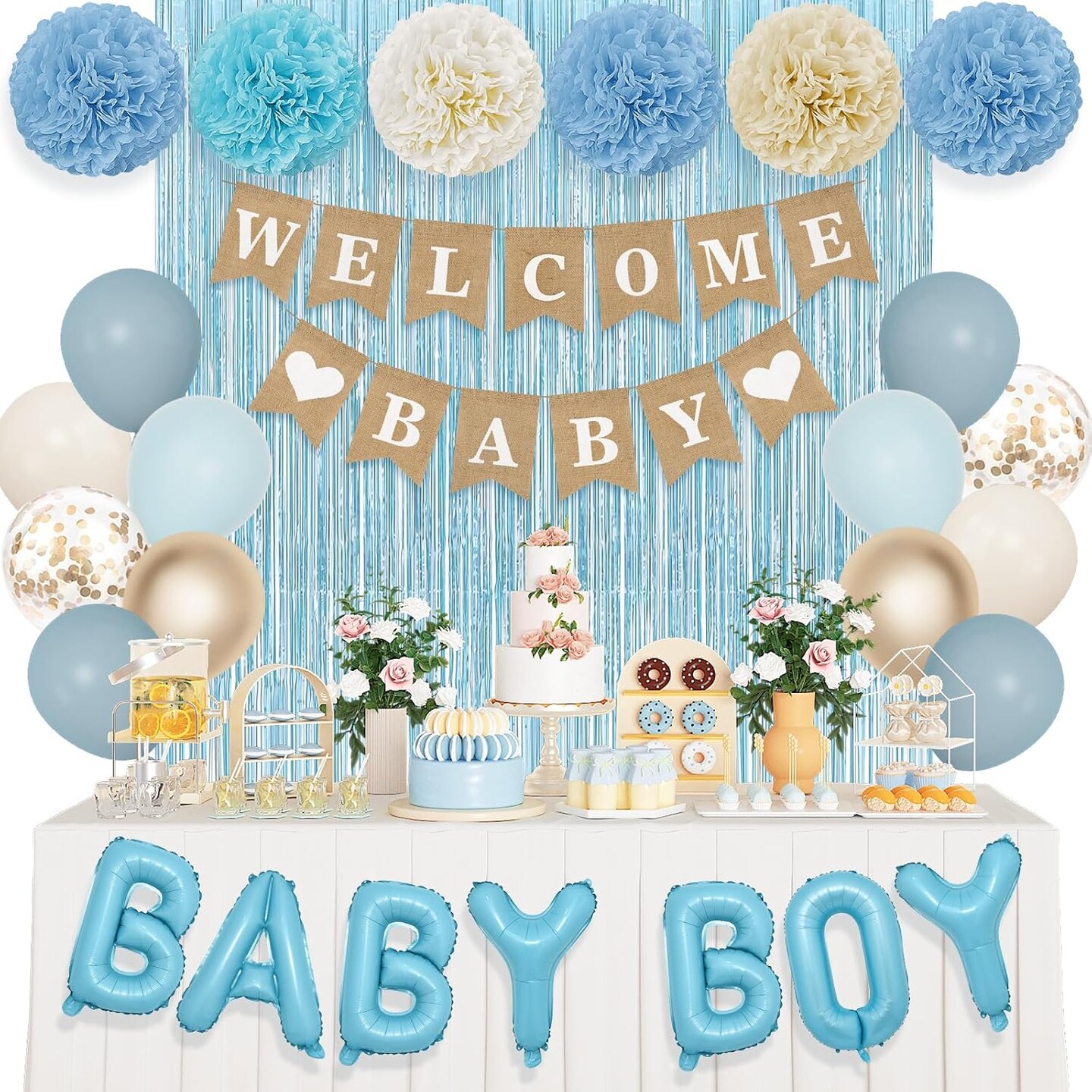 Dusty Blue Baby Shower Decorations for Boy with Welcome Baby Banner Baby Boy Letter Blue Champagne Sand Foil Balloons Fringe Curtains Paper Pom Poms for Boho Baby Shower Gender Reveal Party Supplies