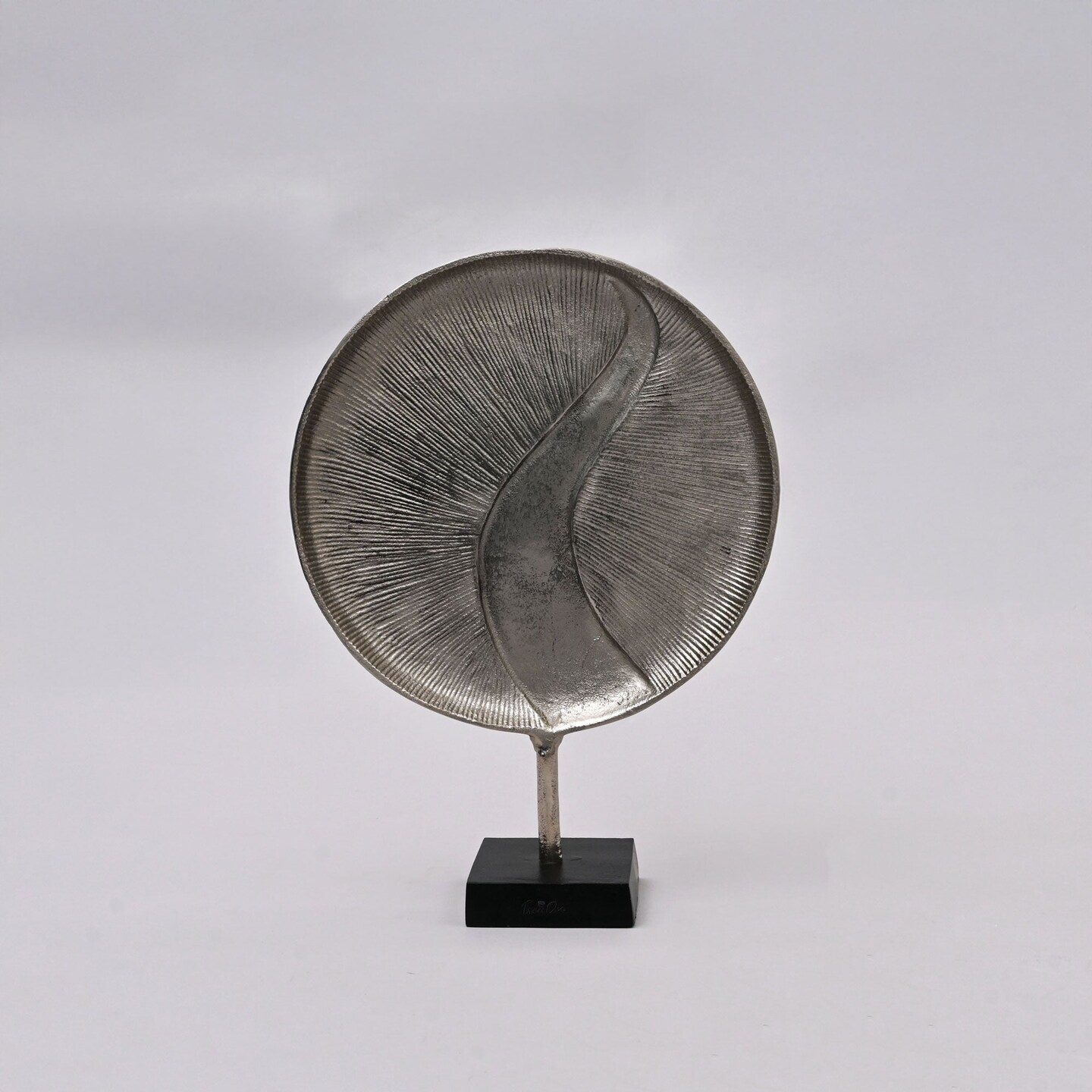 Metallic Sphere Table Accent – Aluminum Sculpture with Black Base (13.5x4.5x17")