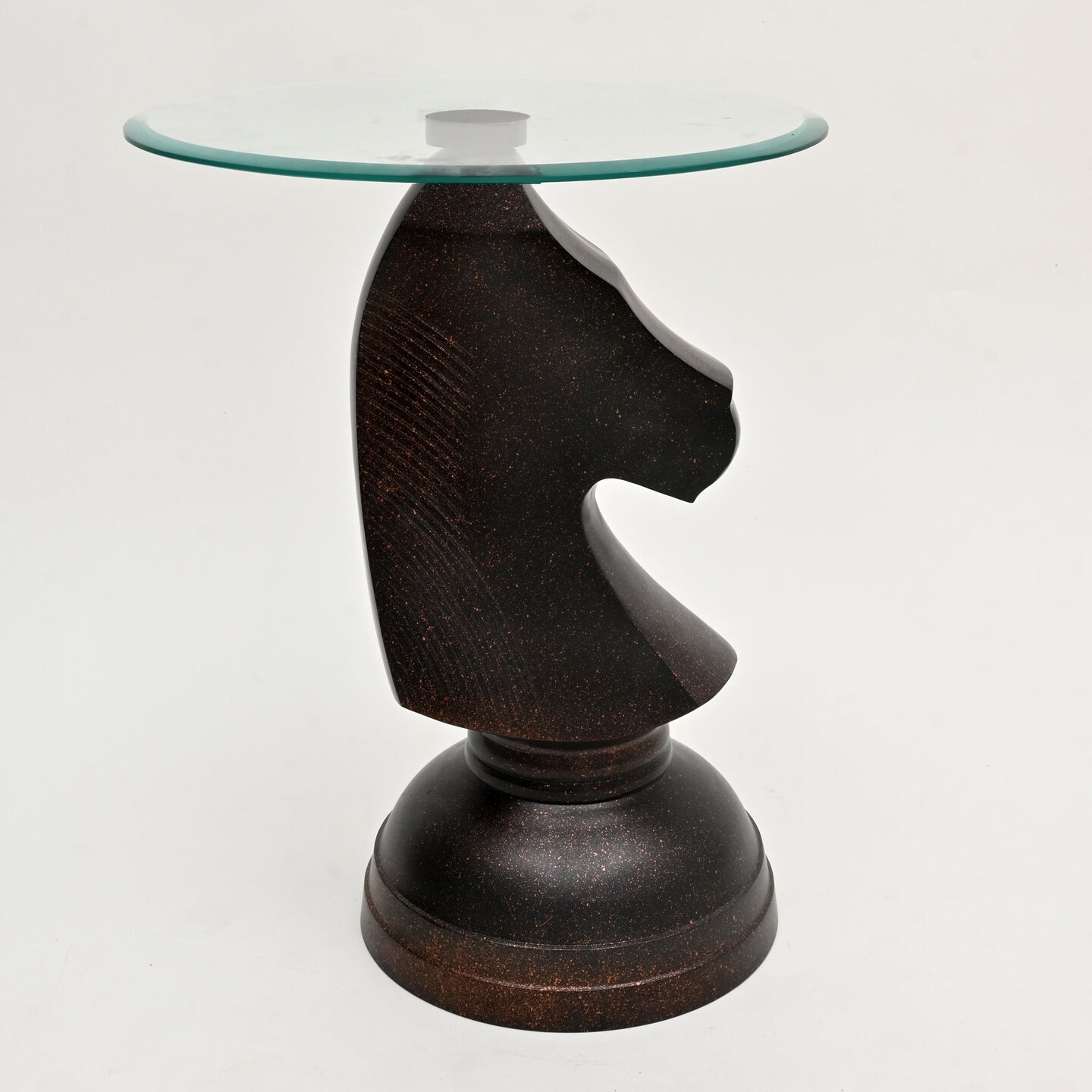 Decorative Antique Brass Finished Aluminum Hammered Horse Motif Accent Table with Glass Top – 18x18x24"| Unique Side Table