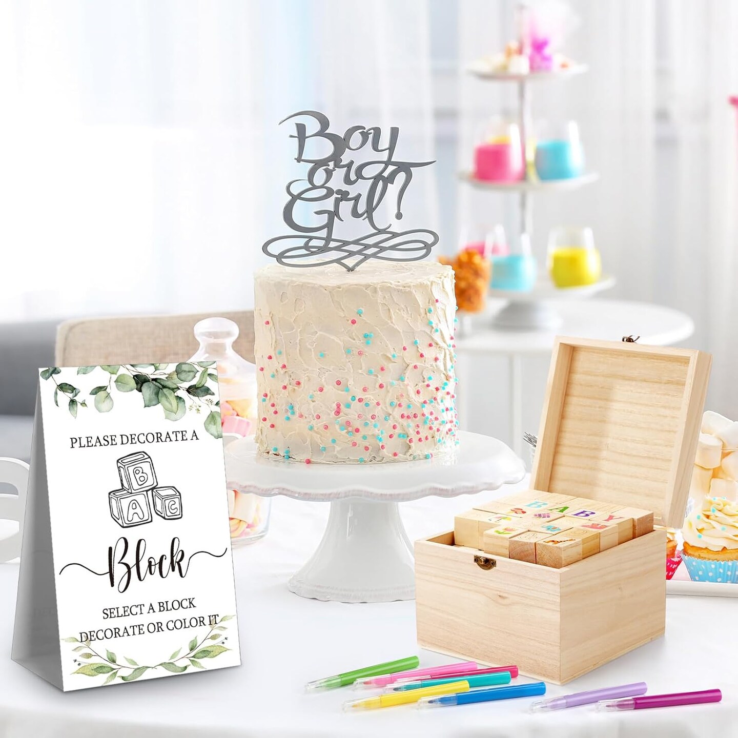 136 Pcs Baby Shower Blocks to Decorate Game Kit Includes 98 Wooden Blocks, 36 Markers, 1 Game Sign, 1 Storage Box for Baby Shower Gender Reveal Activity Party Decorations(Leaf)