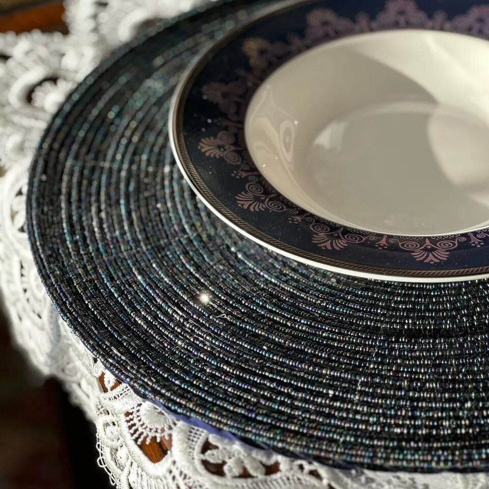 14&#x22; Beaded Placemats Round Placemats Charger Table Mats Sparkle Blue