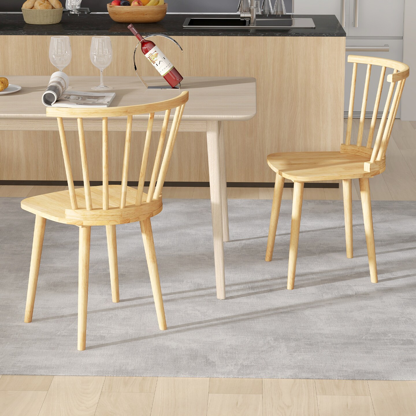 Windsor Dining Chairs Set of 2 Rubber Wood Kitchen Chairs with Spindle Back