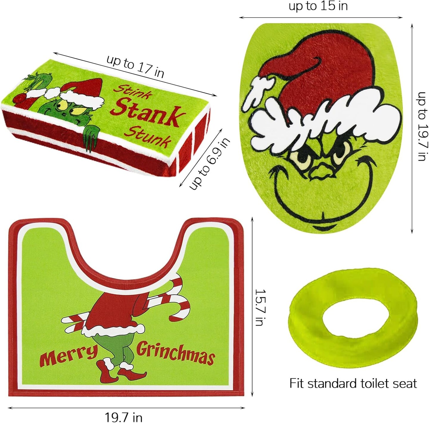 Christmas Decorations - Xmas Bathroom Sets - Christmas Decor Toilet Seat Cover and Rug for Indoor Home Bathroom Set of 4 (Red - Green)