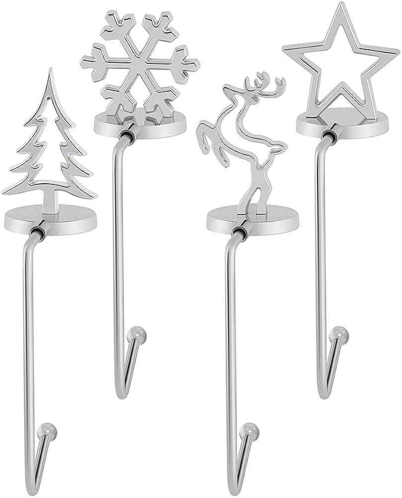 Christmas Stocking Holders for Mantel Weighted Stocking Hangers Hooks Set of 4 Reindeer Snowflake Star Christmas Tree
