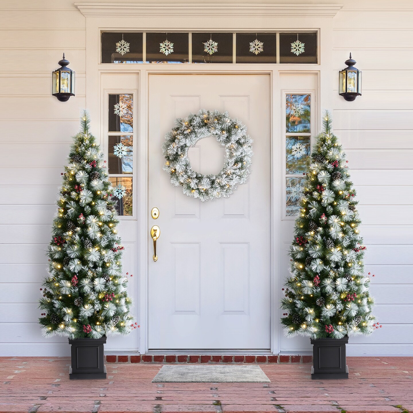 Set of 2/3 4ft/5ft/6ft Pre-Lit Pine Artificial Christmas Porch Tree with Decorative Urn Pot