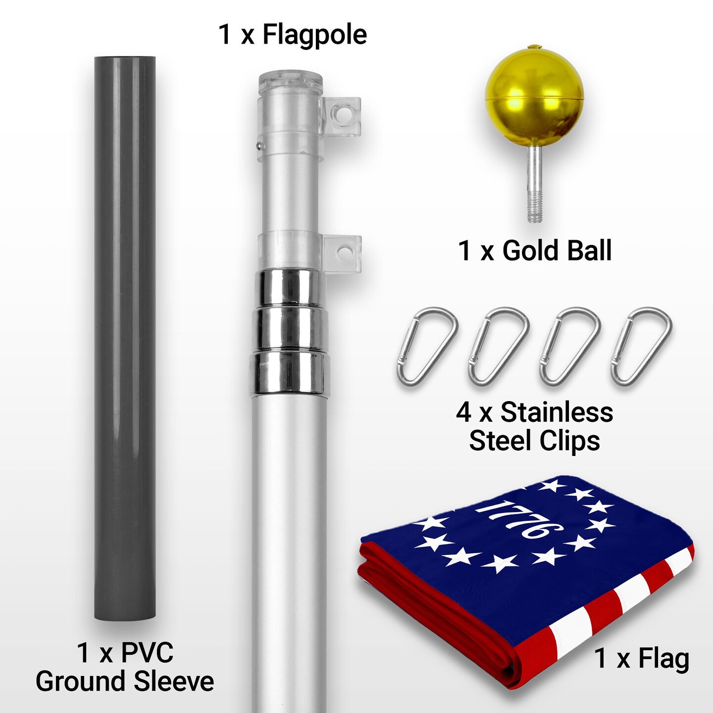 G128 Combo Pack: 16 Ft Telescoping Aluminum Flagpole (Silver) &#x26; Betsy Ross 1776 Flag 3x5 Ft, ToughWeave Series Embroidered 300D Polyester | Pole with Flag Included