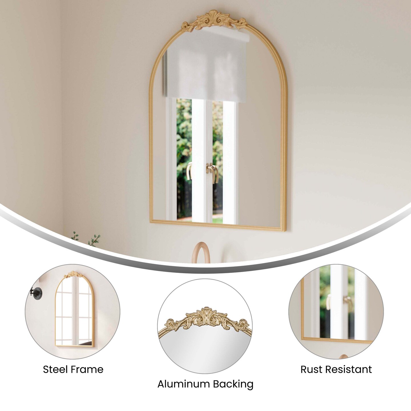 Emma and Oliver Monte Arched Wall Mirror with Baroque Style Detail, and Aluminum Backed Glass for Clarity for Entryways, Bathrooms &#x26; More