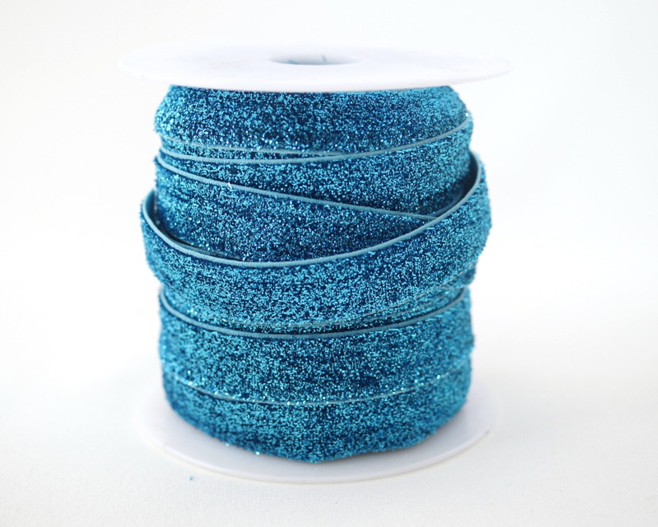 5/8" x 20 Yards Fold Over Elastic Stretch Turquoise Glitter Trim