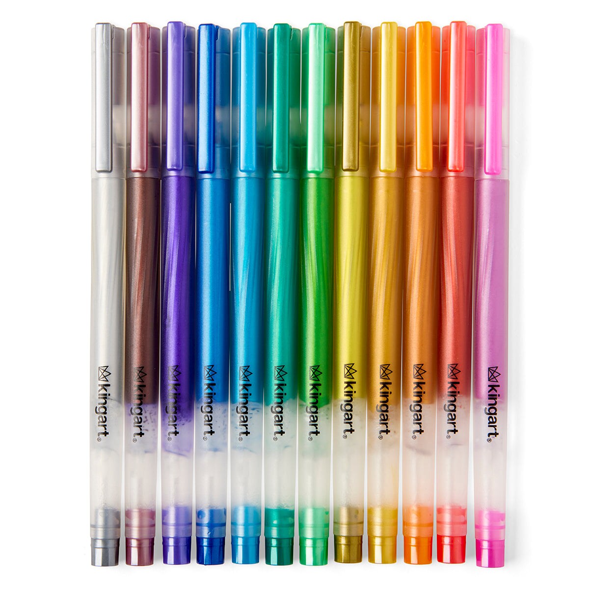 KINGART® Metallic Gel Pens, Scrapbook, Journals, or Drawing, Colored Metallic Ink, Medium Line , Set of 12 Unique Shades