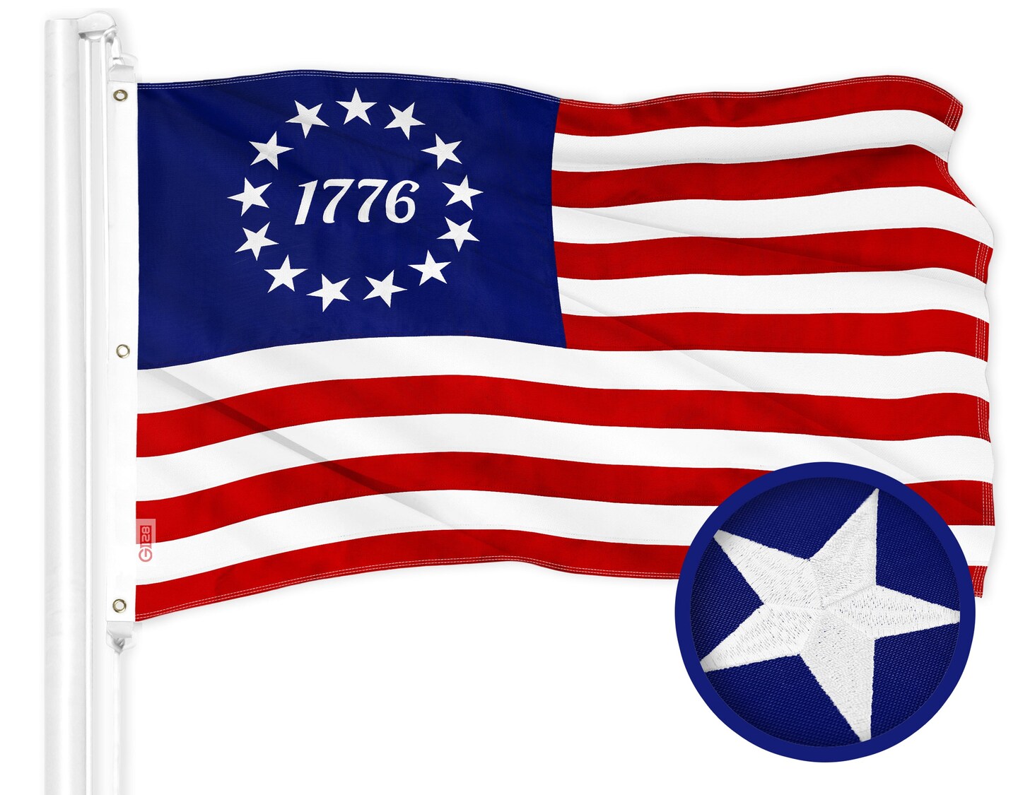 G128 Combo Pack: American USA Flag 5x8 Ft & Betsy Ross 1776 Flag 5x8 Ft | Both ToughWeave Series Embroidered 300D Polyester, Embroidered Design, Indoor/Outdoor, Brass Grommets