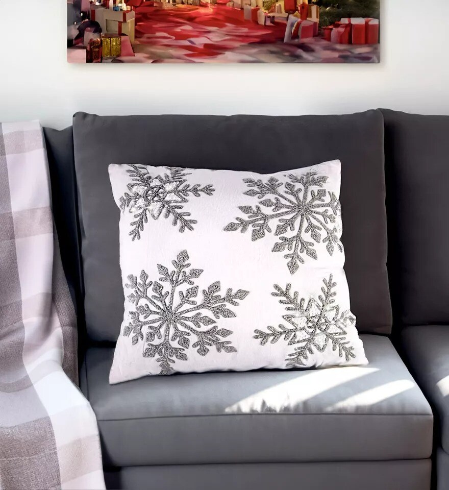 Snowflakes Decorative Throw Pillow, Embroidered Square Christmas Pillow 18x18&#x22;