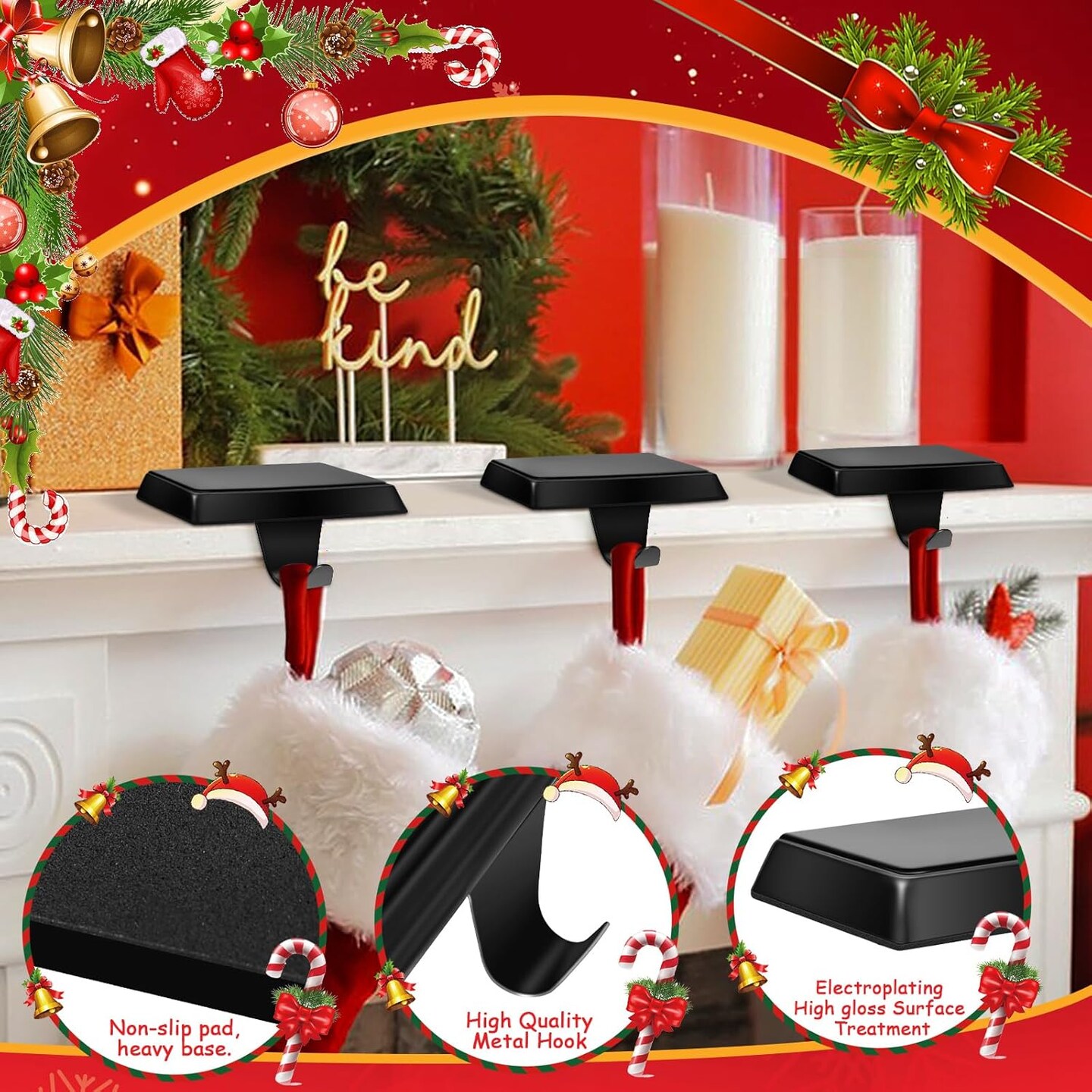 6 Pack Metal Christmas Stocking Holders for Mantle Heavy Duty Stocking Hangers Stocking Hook Christmas Ornaments for Counter Tables Window Fireplace Mantle Decoration (Black)