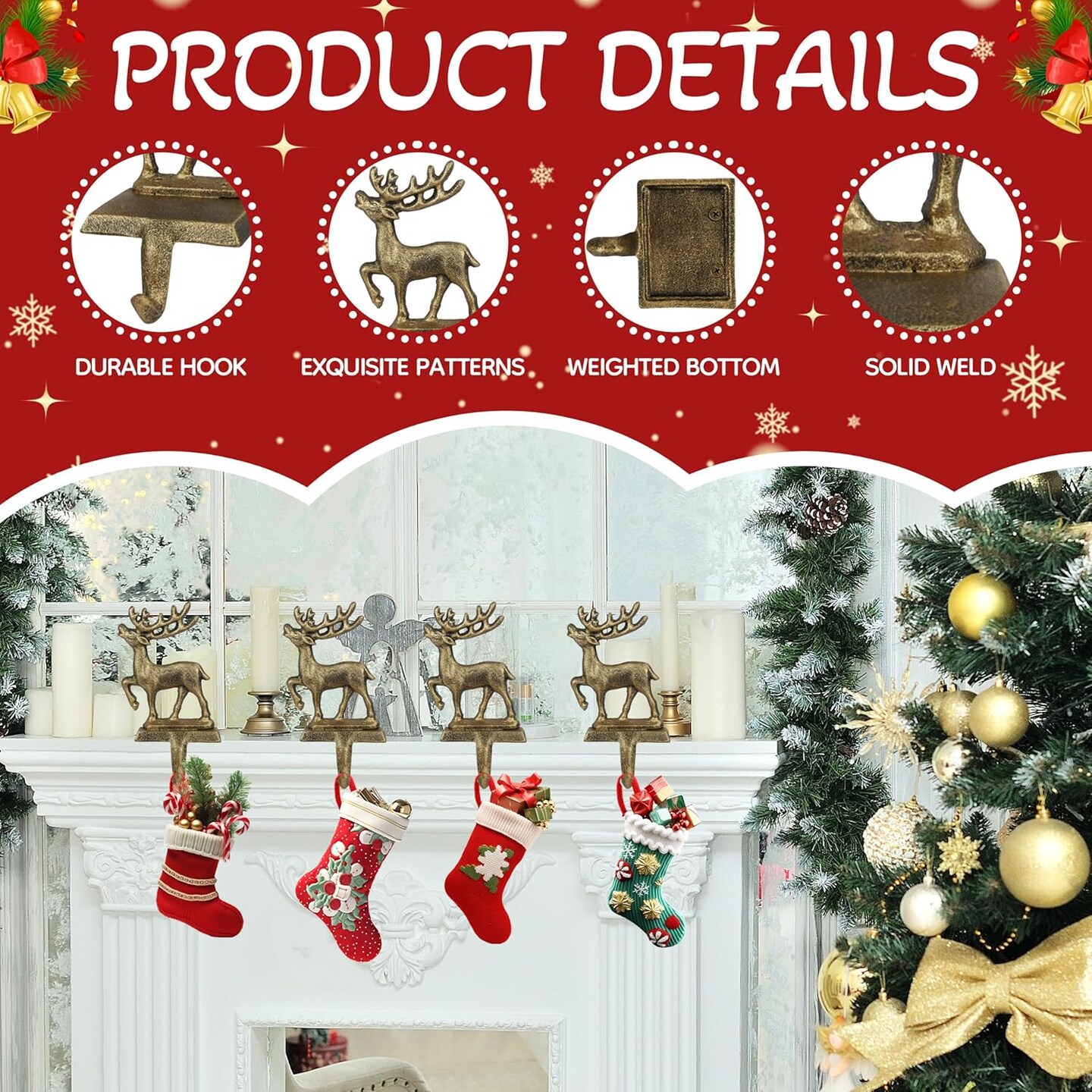 4 Pcs Christmas Stocking Holders Metal Reindeer Pattern Mantel Hooks Anti-Slip Fireplace Hangers Iron Heavy Duty Iron Stocking Holder for Fireplace Xmas Decor