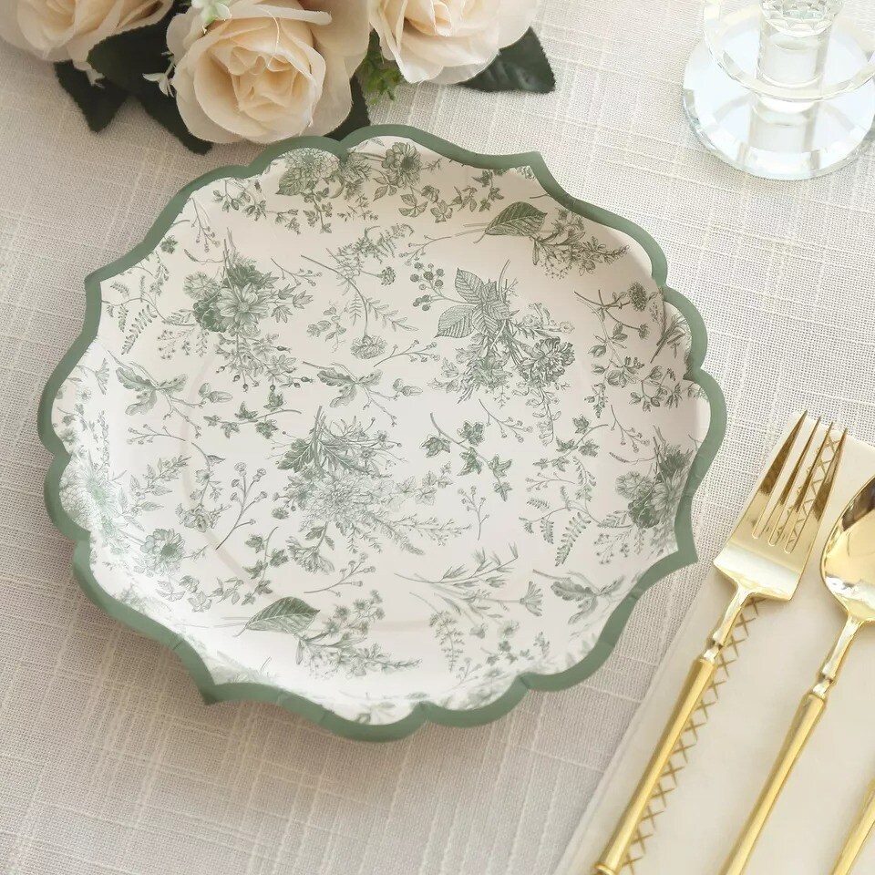25 White Sage Green 10&#x22; Floral Leaf Print Paper Plates Scalloped Rim Party Event