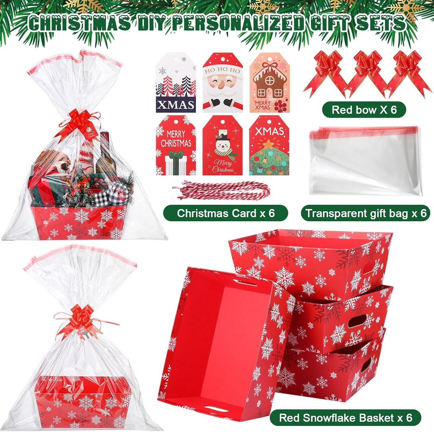 6 Sets 12 x 10 Large Red Snowflake Christmas Baskets for Gifts Empty Christmas Gift Baskets to Fill Christmas DIY Cardboard Basket with Handles for Christmas Holiday Party (Snowflake)