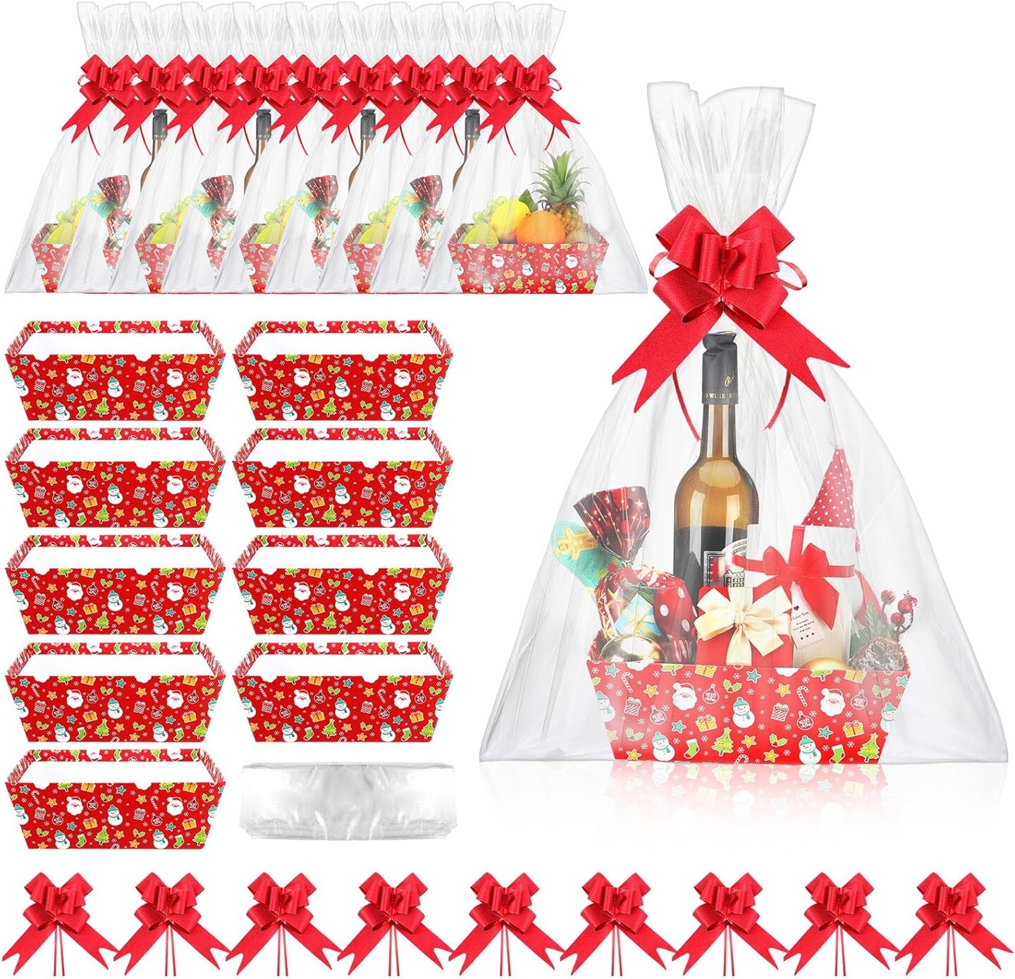 27 Pcs Christmas Baskets for Gifts Empty, 9 Pcs Gift Baskets Empty with Handles 9 Pcs Basket Bags and 9 Pcs Red Pull Bows Cardboard Baskets Bags Kit for Xmas Birthday Holiday Wedding Party