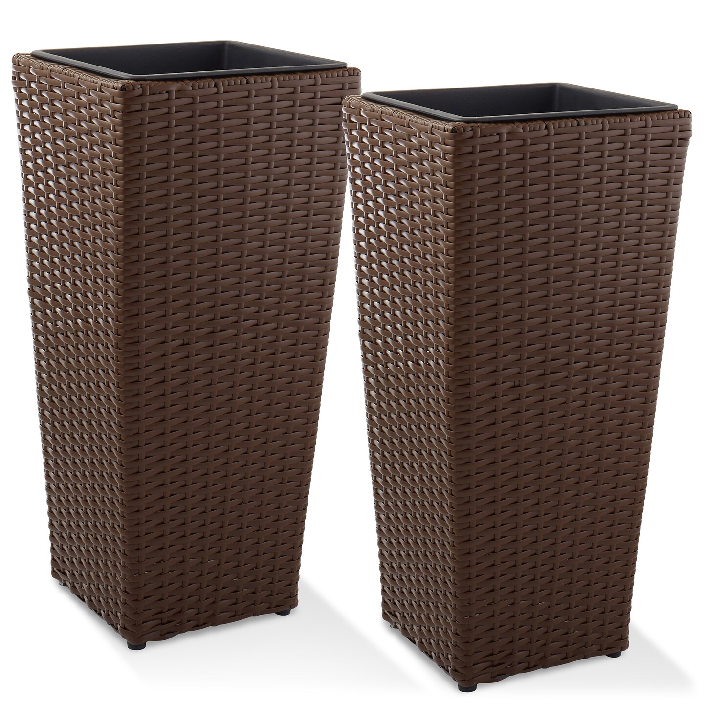 Casafield Set of 2 All-Weather Outdoor Planters with Liners, Tall Tapered Plant Boxes with Flower Pots for Front Porch, Patio, Garden - Espresso
