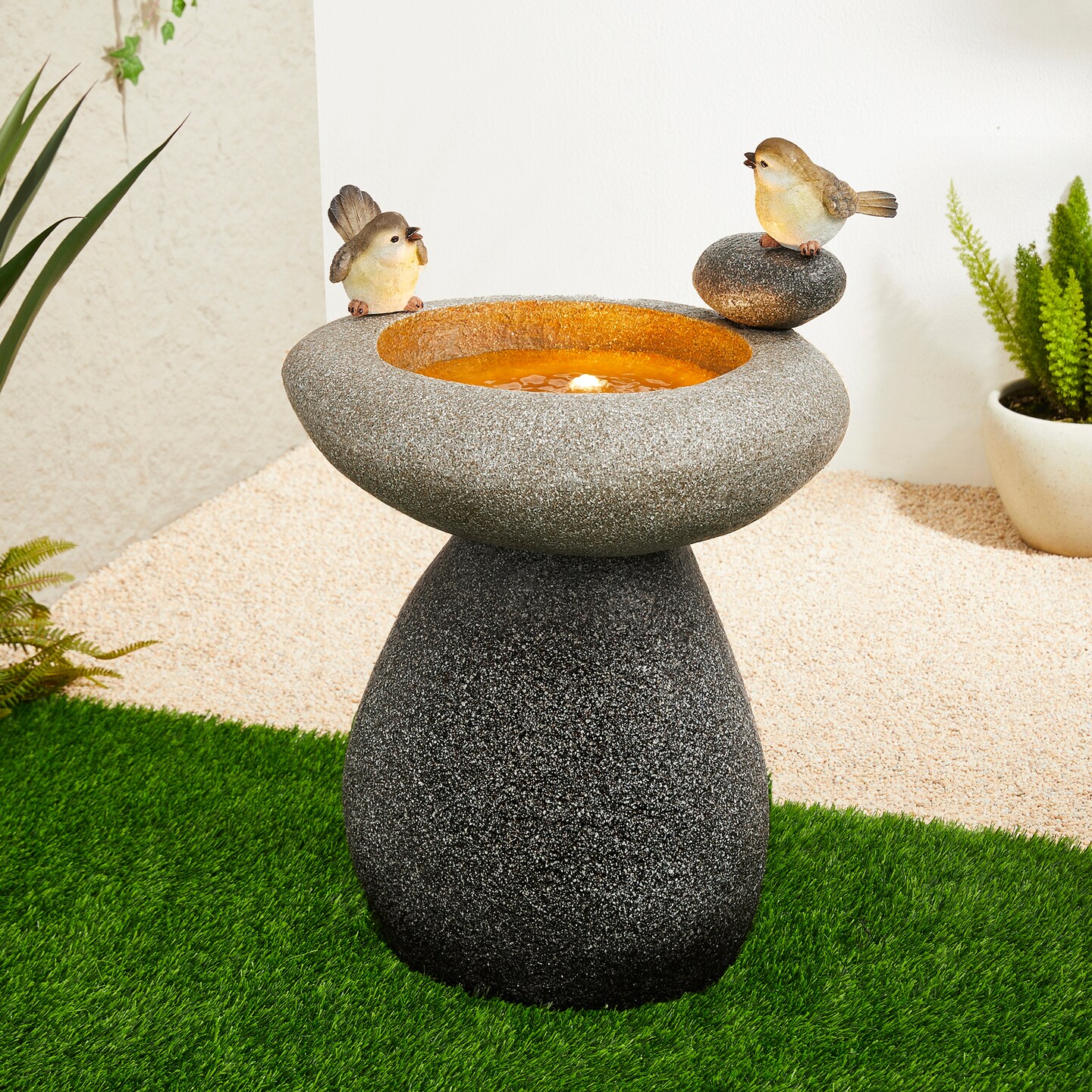 20.75&#x27;&#x27;H Zen-Style Faux Stone Texture Birdbath Polyresin Outdoor Fountain with Birds, Pump and LED Light (KD)