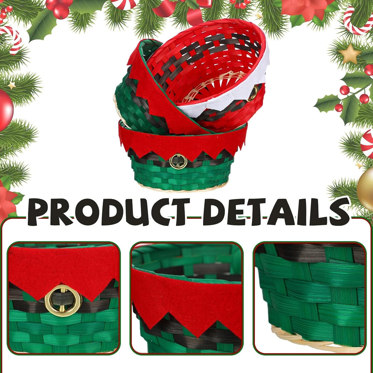 6 Pcs Christmas Baskets Round Gift Empty Holiday Festive Woven Bamboo Character Baskets Xmas Holiday Candy Storage Gift Holder Snack Display for Xmas Home Party Decoration(Red and Green)