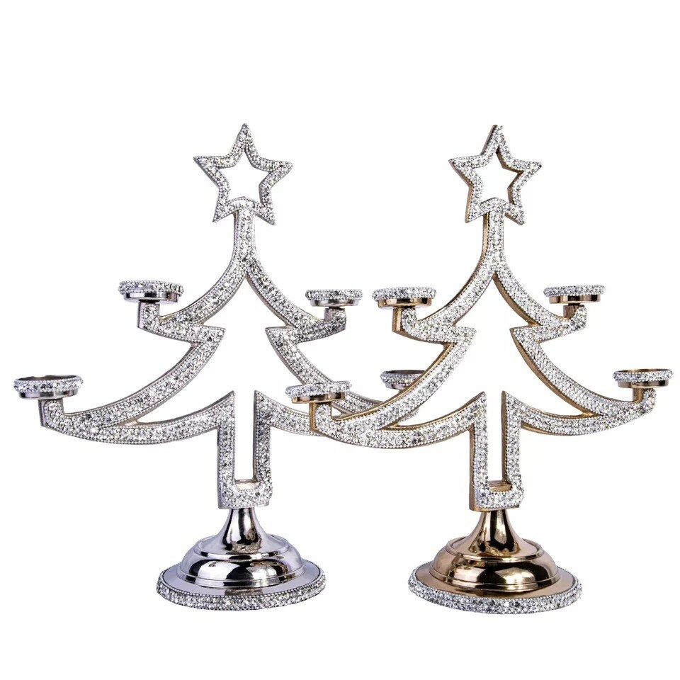 Metal Christmas Tree Candle Holder with Crystals, Tea Light Holder 14.6&#x22;, GOLD