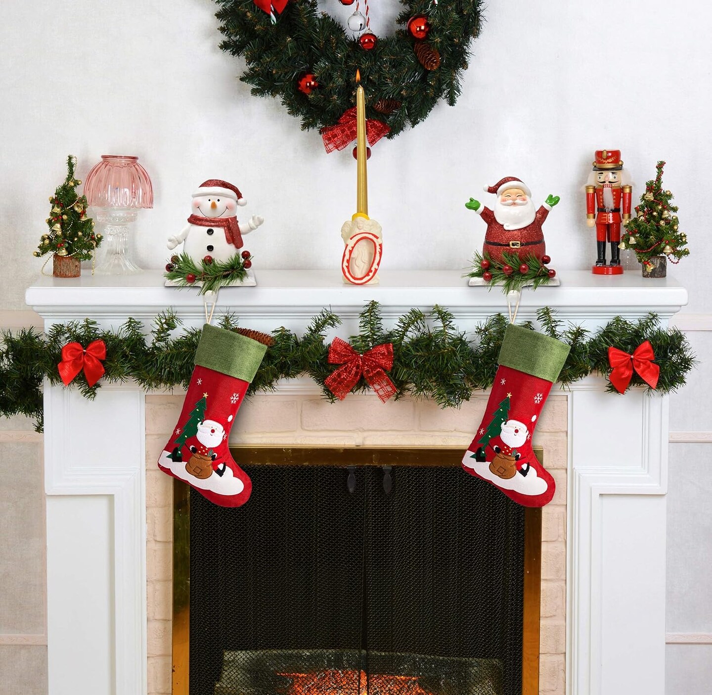 Christmas Stocking Holder Set of 2 Poly Resin Iron Snowman and Santa Stockings Hanger Mantle or Fireplace Decor Durable Long Lasting Decoration