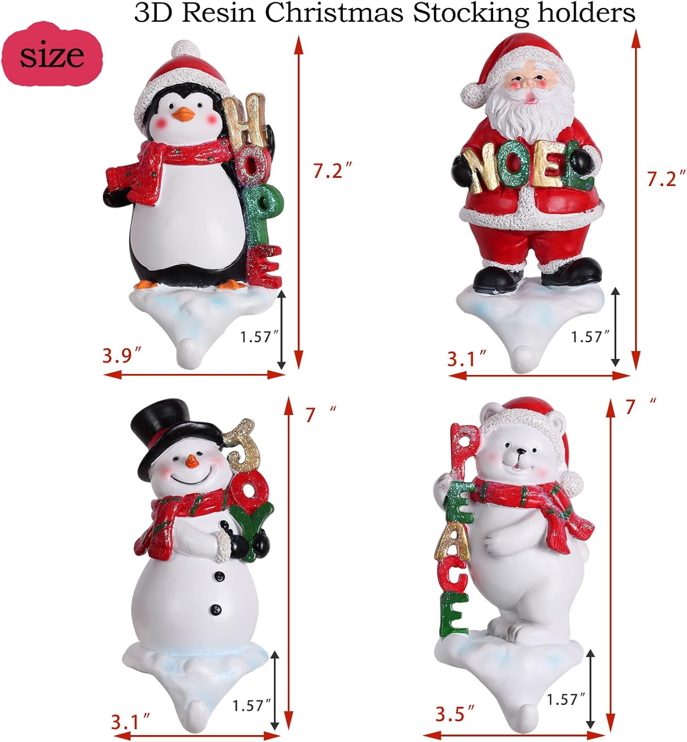 Stocking Holders for Mantle, 3D Stocking Holders, Christmas Stockings Holder Set of 4, Fireplace Stocking Holders Stocking Hanger Hooks for Christmas Mantel Decoration