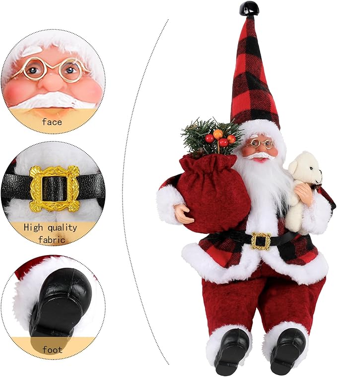 Christmas Sitting Santa Hand Crafted Cute Chic Santa Claus Figurines Doll with Gift Bag and Little Bear Christmas Decoration for Home Office Table Xmas Party Ornament Gift (12 Inch)