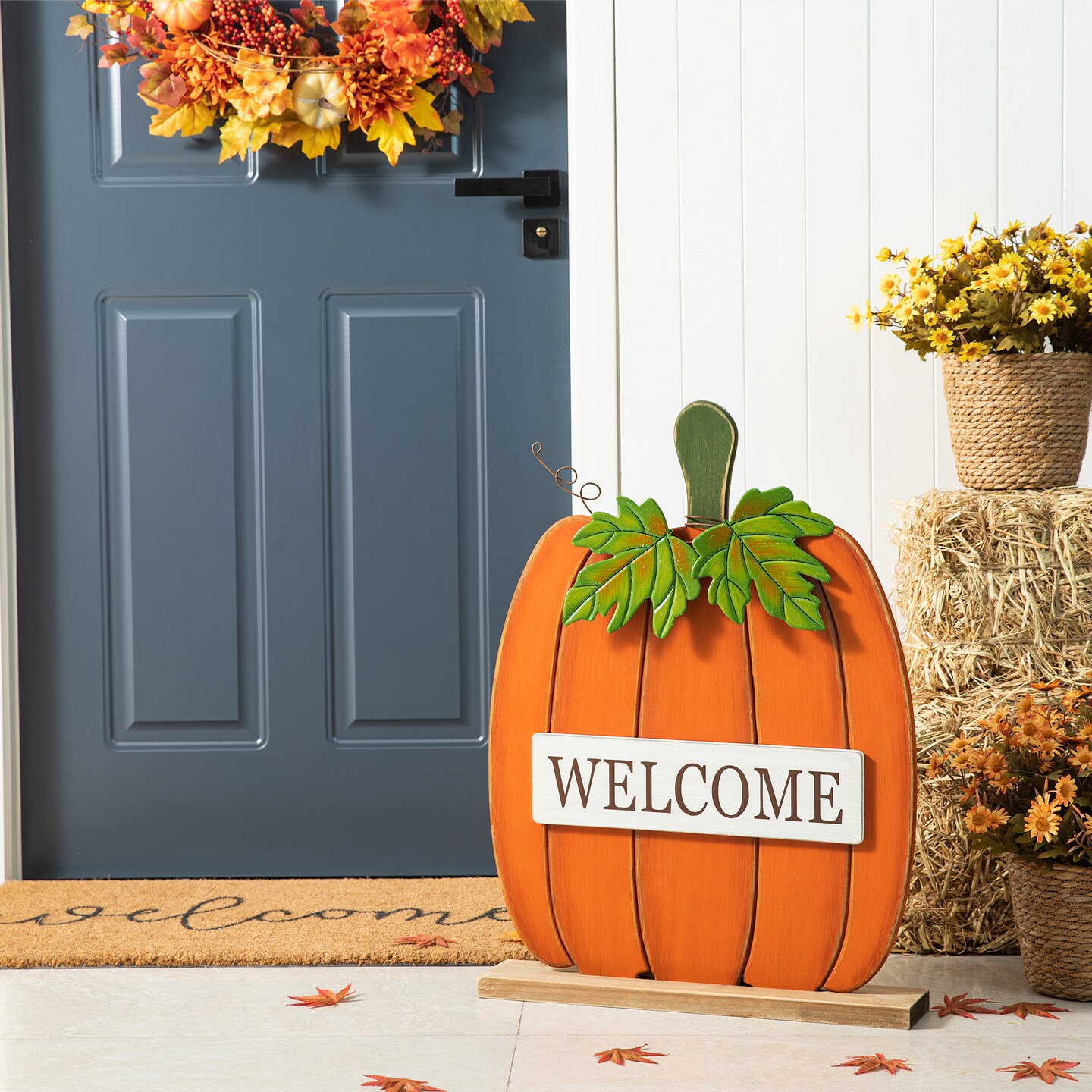27&#x22;H Fall Wood/Metal &#x22;WELCOME&#x22; Pumpkin Porch Decor(KD)
