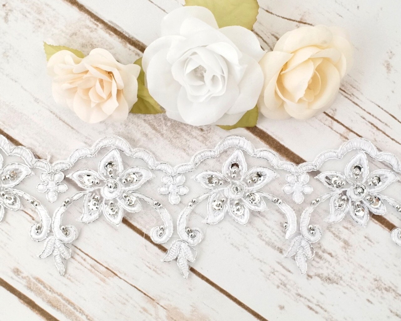3" x 15 Yards White Venice Floral Lace Trim with Silver Sequins