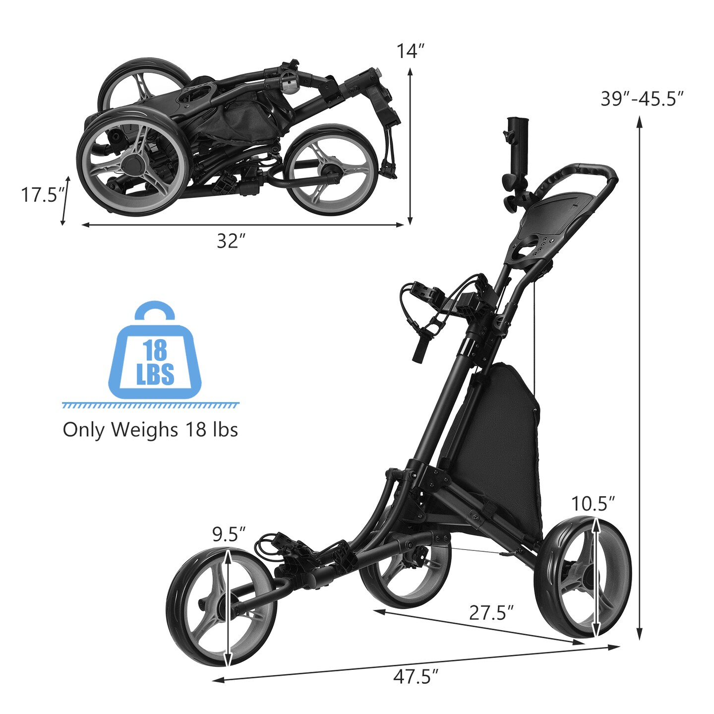 Folding 3 Wheels Golf Push Cart with Bag Scoreboard Adjustable Handle