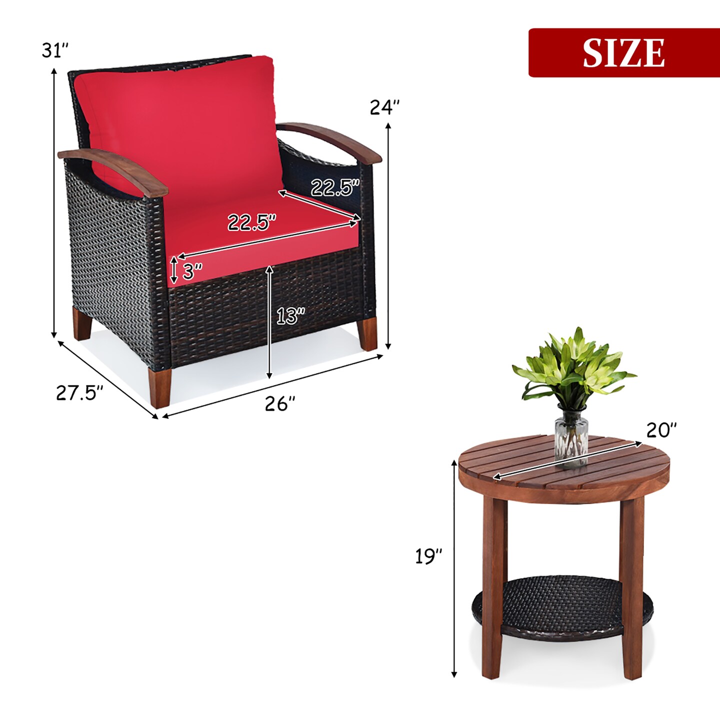 Costway 3PCS Patio Rattan Furniture Set Wooden Frame Cushion Table Shelf Red\Beige\Blue