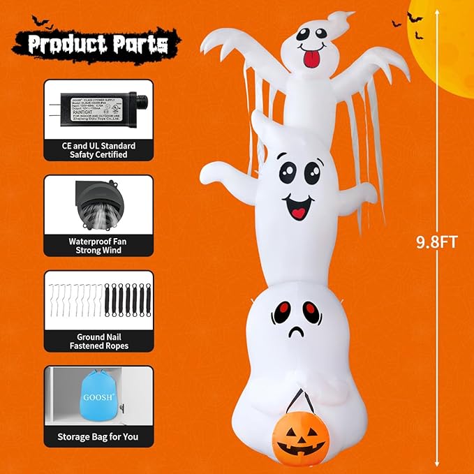 GOOSH 9.8 FT High Halloween Inflatable Overlap Ghost with Built-in LEDs (Three Ghosts)