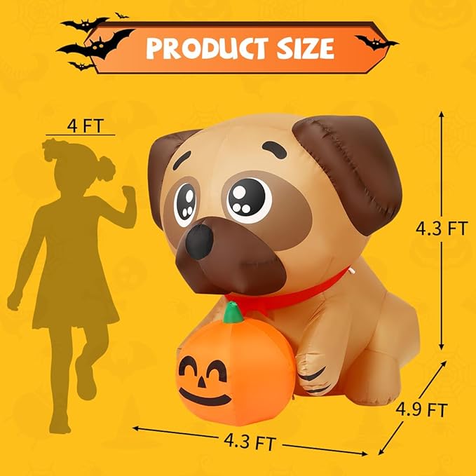 GOOSH 4 FT Halloween Inflatables Dog Pug Holding Pumpkin with Built-in LEDs