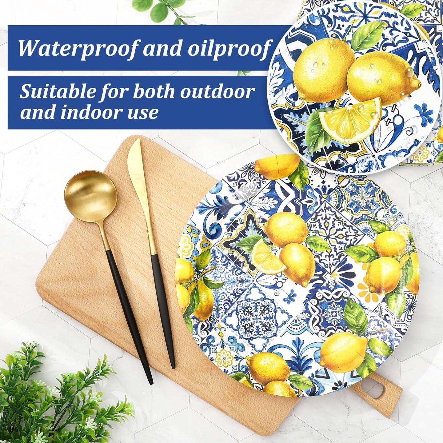 Summer Plates Tiles Lemon Disposable Paper Plates Yellow Blue Dinner Plates 9 Inch (Yellow)