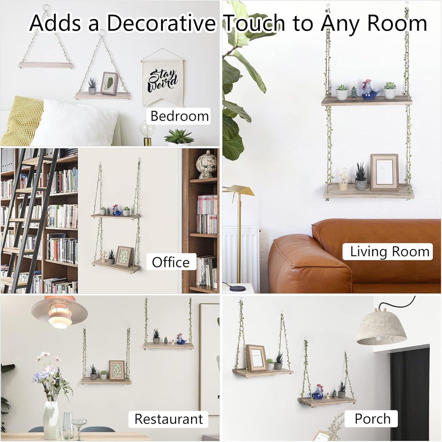 Hanging Shelves for Indoor Wall and Window - Floating Wall Shelves (Leaf Rope, Light Color,Large*2)