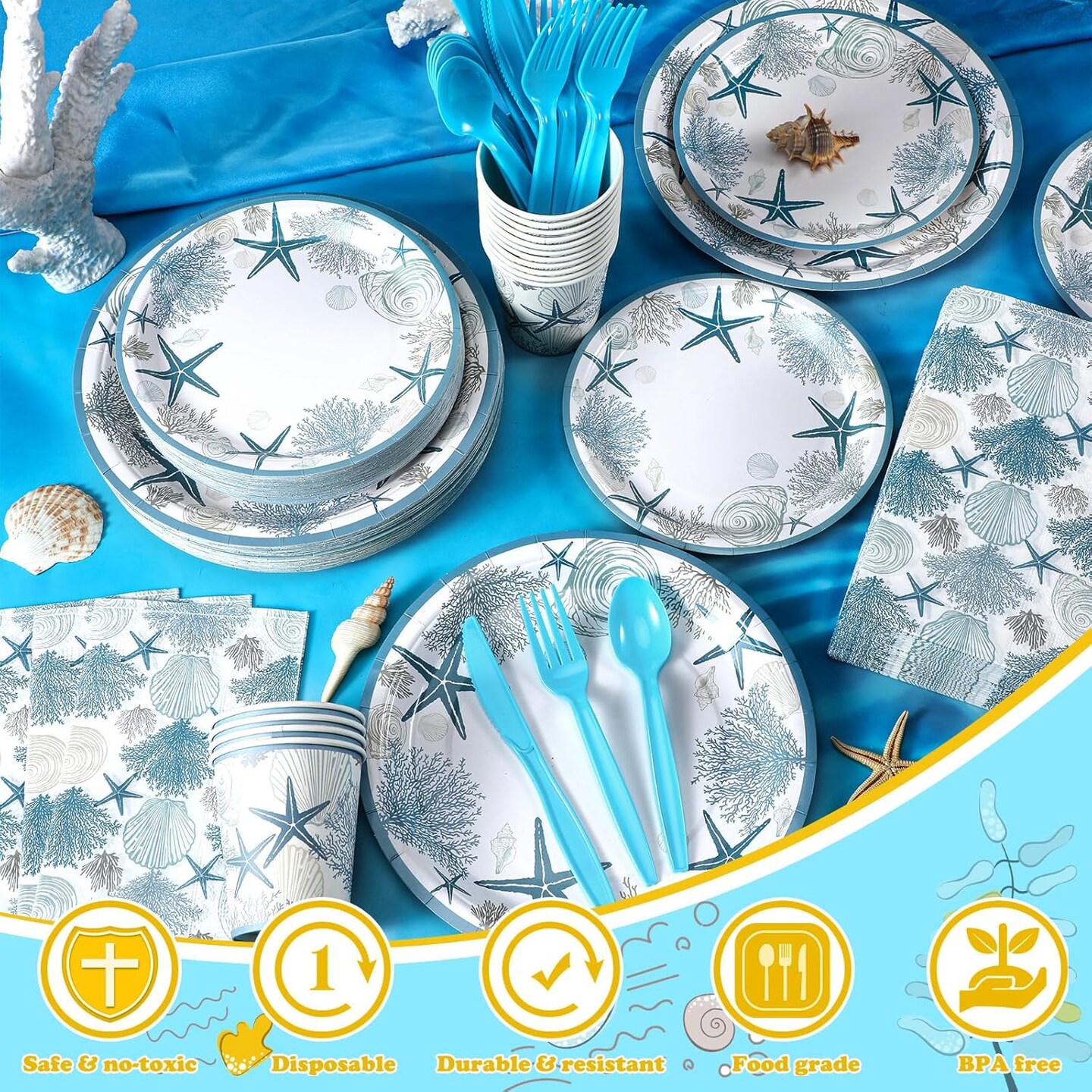 400 Pcs Summer Beach Plates and Napkins Party Supplies Set – Blue Ocean Disposable Paper Dinnerware Kit with Utensils (Knives, Forks, Spoons, Cups) for Birthday, Luau, Pool Bash, Serves 50