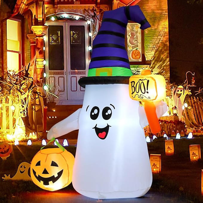 GOOSH 5FT Inflatable Halloween Cute Ghost with The Pumpkin and Built-in LEDs