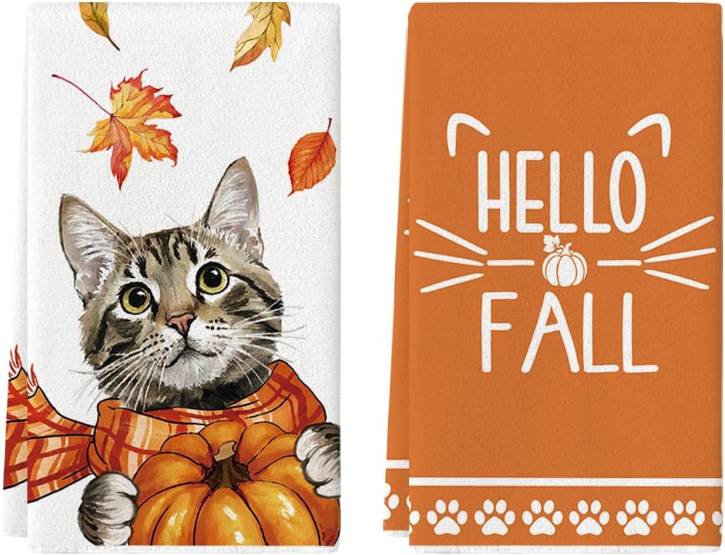 Cat Pumpkin Hello Fall Kitchen Towels Dish Towels