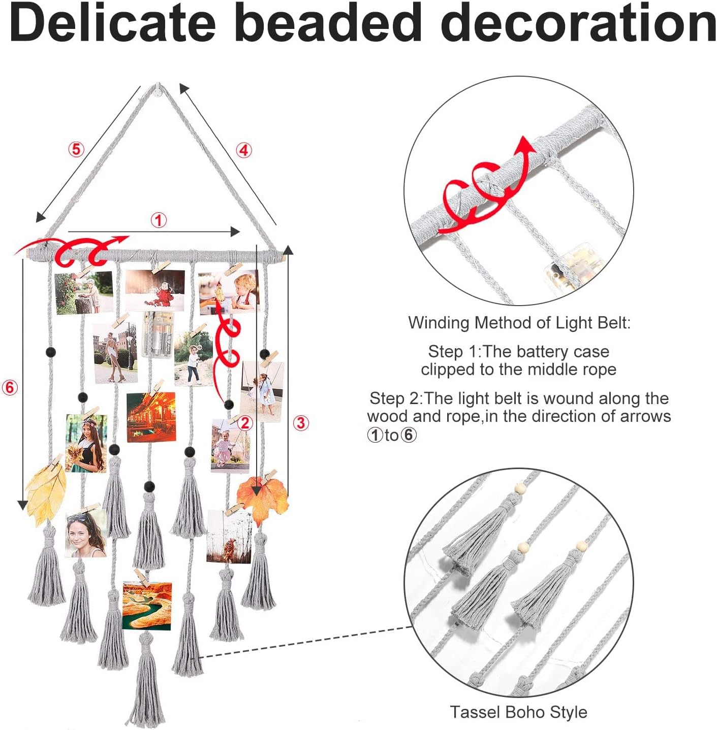 Gray Macrame Hanging Photo Display Wall Decor with Remote Light 30 Clips