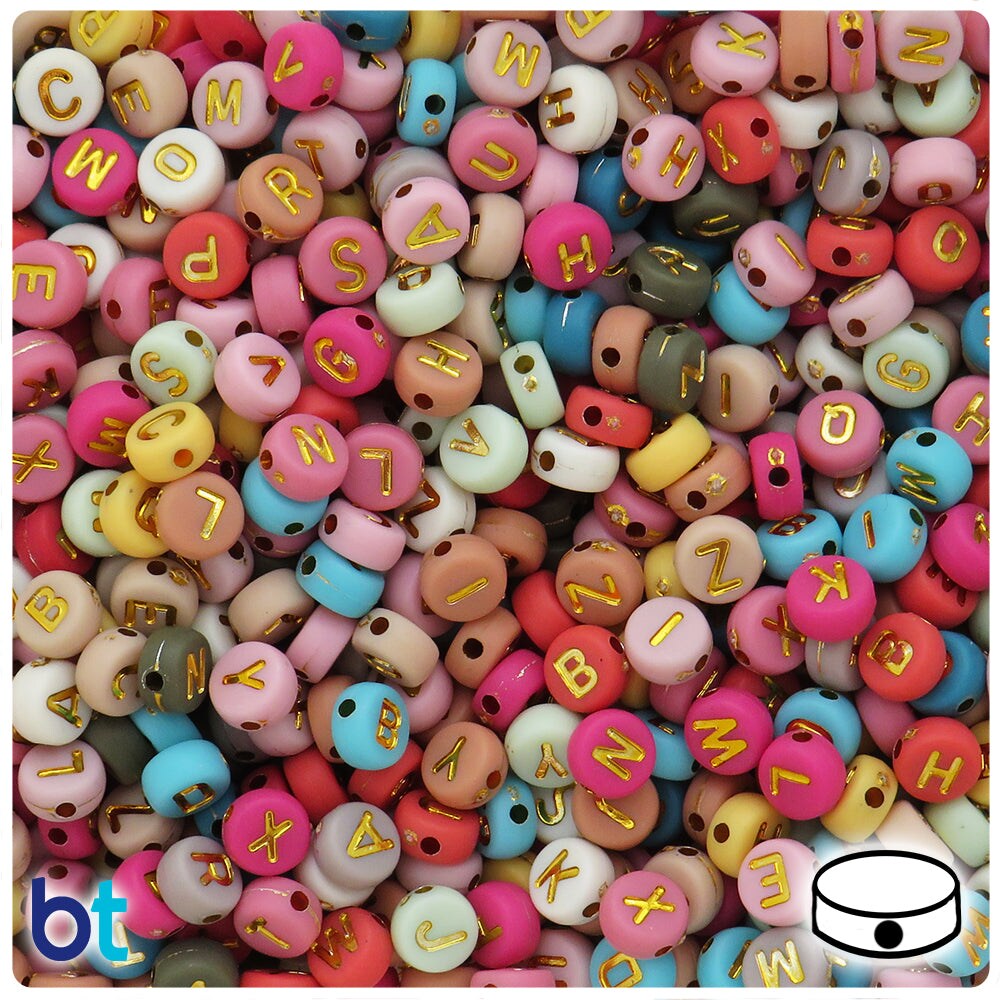 BeadTin Country Opaque Mix 7mm Coin Plastic Alpha Beads - Gold Letter Mix (250pcs)