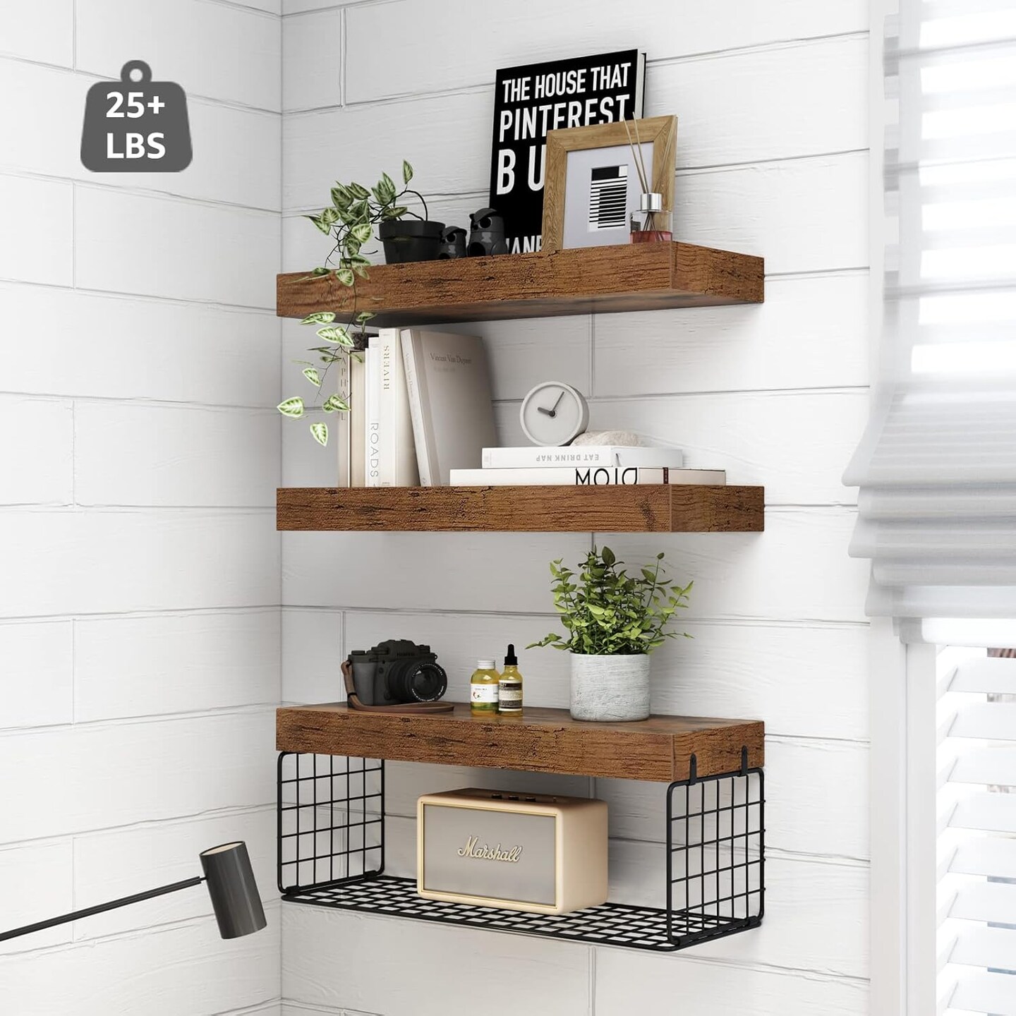 Bathroom Shelves Over Toilet Wall Mounted Floating Shelves Farmhouse Shelf Toilet Paper Storage Small 16 inch Set of 3, Rustic Brown (019-BN3)
