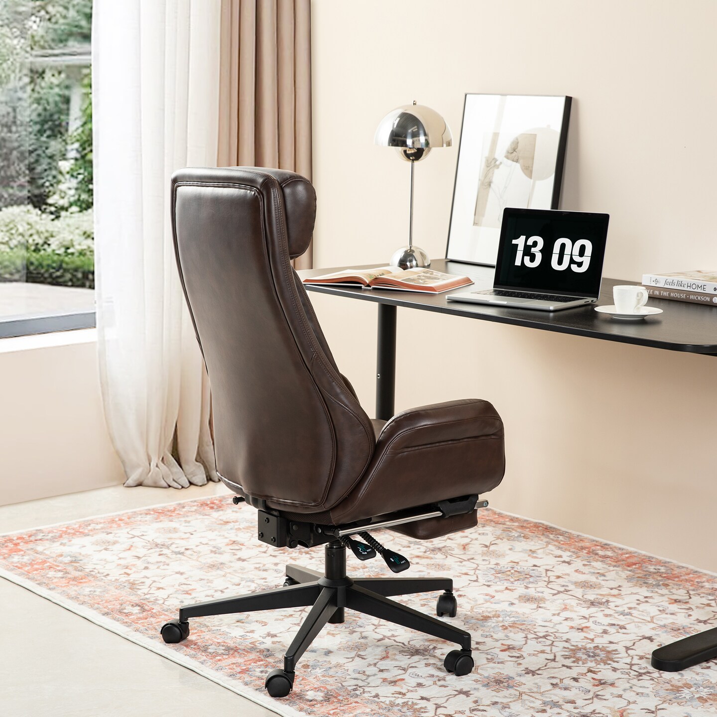 Mid-Century Modern Coffee Leatherette Gaslift Adjustable Swivel High Back Office Chair with Footrest and Armrest