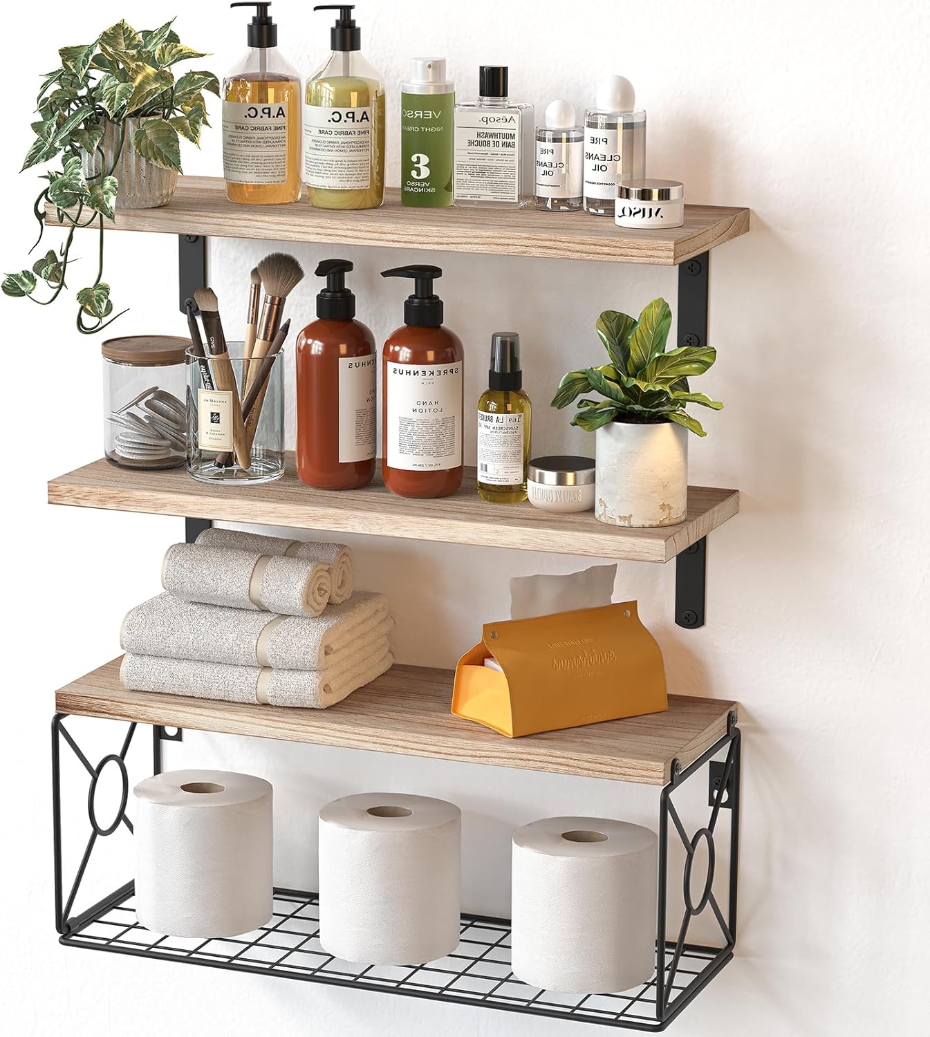 Bathroom Shelves Over Toilet with Storage Basket, Floating Shelves Wall Shelves for Home Organization & Wall Decor, Bathroom/Kitchen/Living Room Shelves–